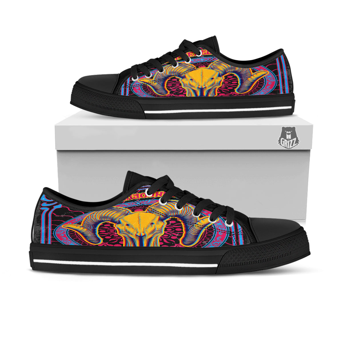 Psychedelic And Ram Skull Print Black Low Top Shoes-grizzshop