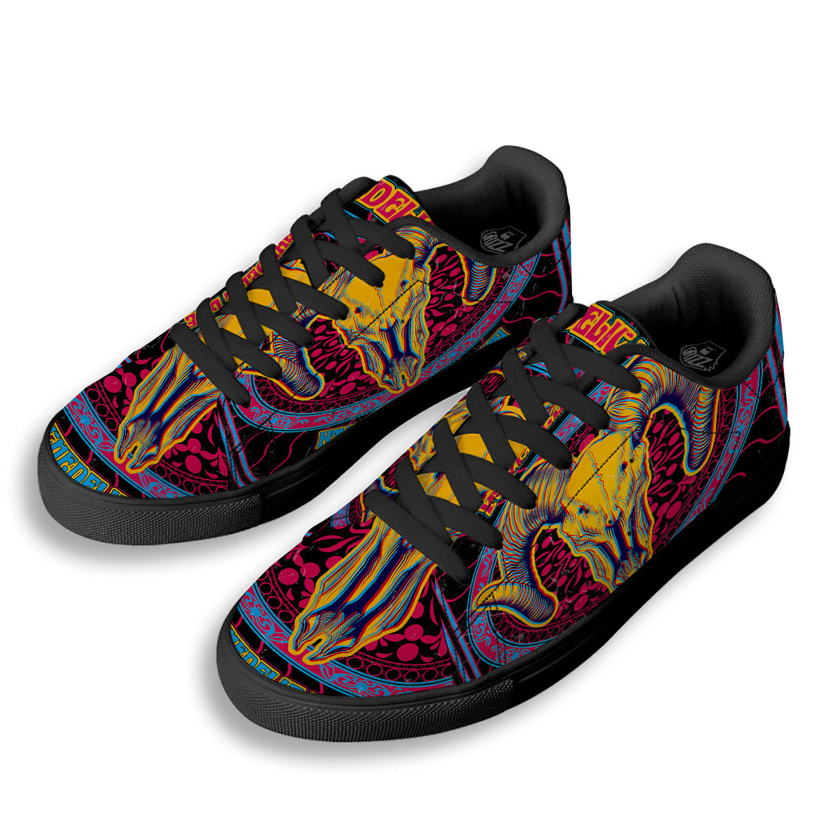 Psychedelic And Ram Skull Print Black Low Top Sneakers-grizzshop