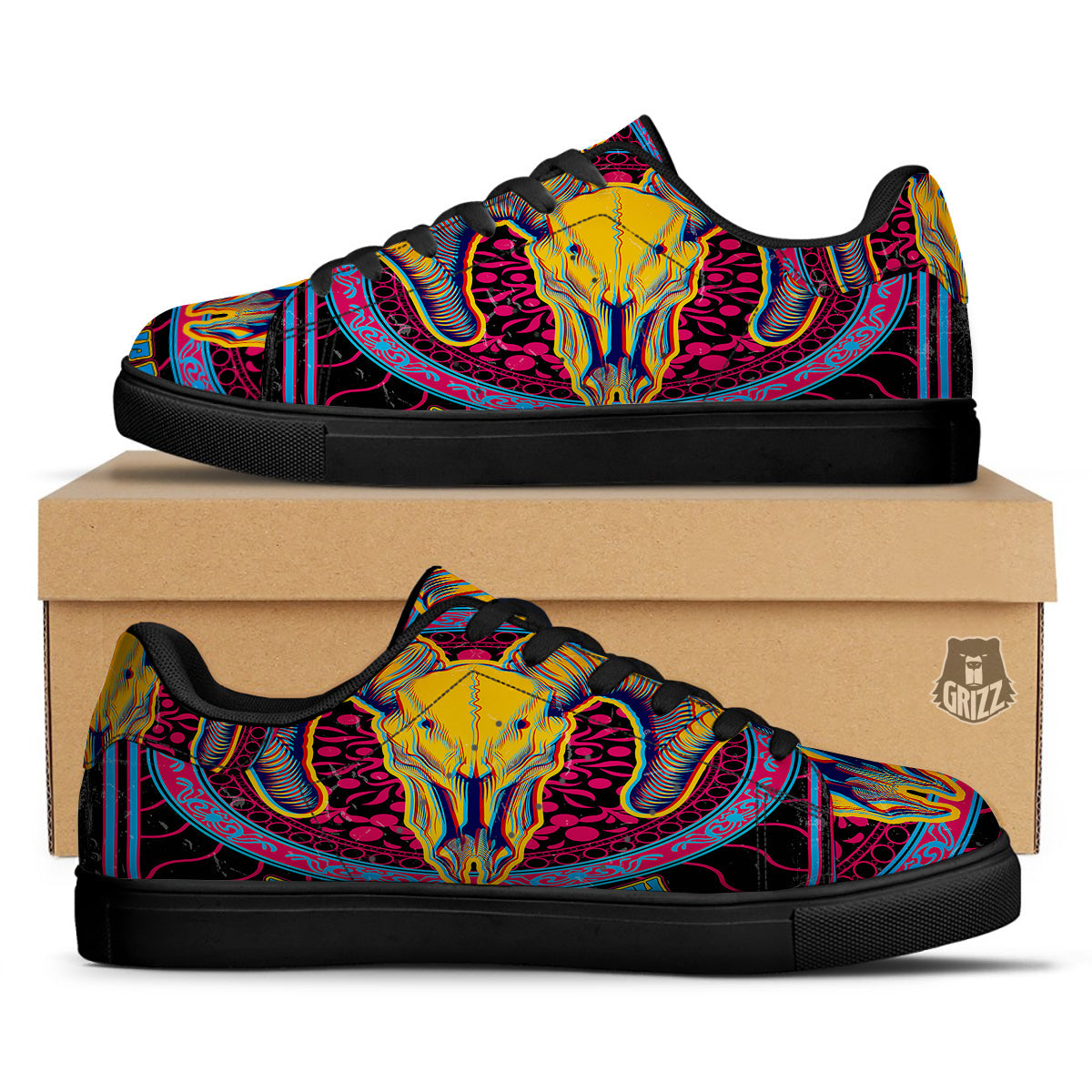 Psychedelic And Ram Skull Print Black Low Top Sneakers-grizzshop