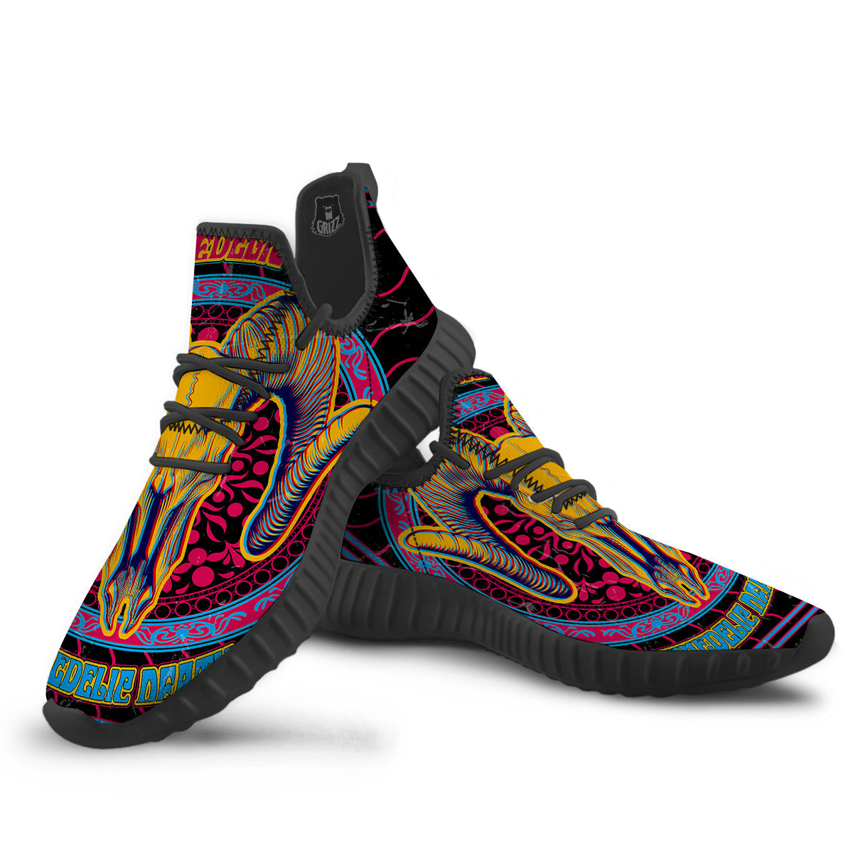 Psychedelic And Ram Skull Print Black Walking Shoes-grizzshop