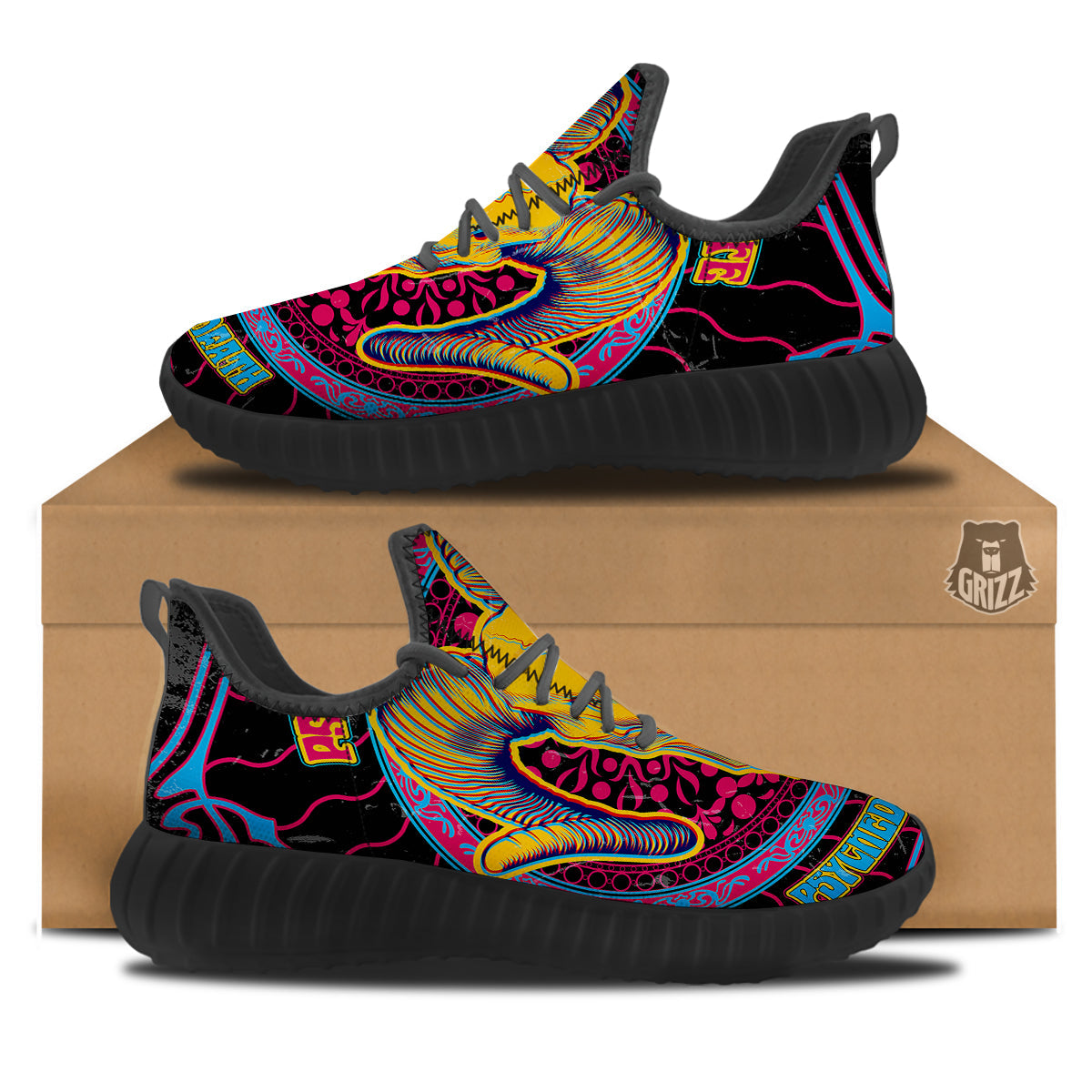 Psychedelic And Ram Skull Print Black Walking Shoes-grizzshop