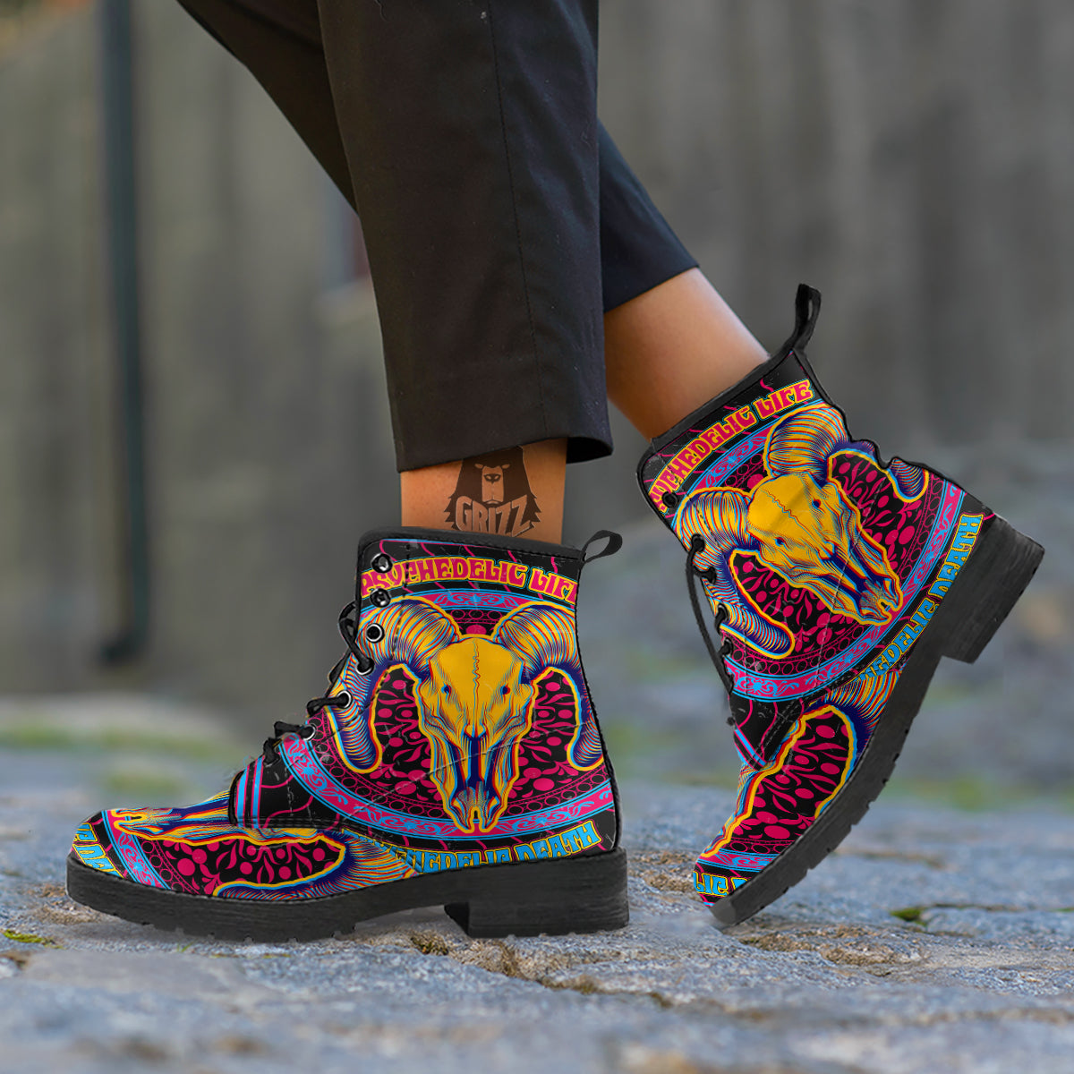 Psychedelic And Ram Skull Print Leather Boots-grizzshop