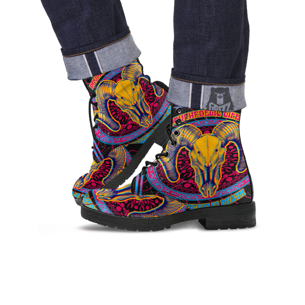 Psychedelic And Ram Skull Print Leather Boots-grizzshop