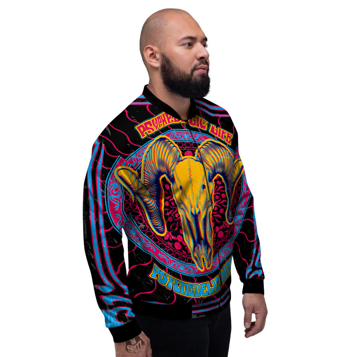 Psychedelic And Ram Skull Print Men's Bomber Jacket-grizzshop
