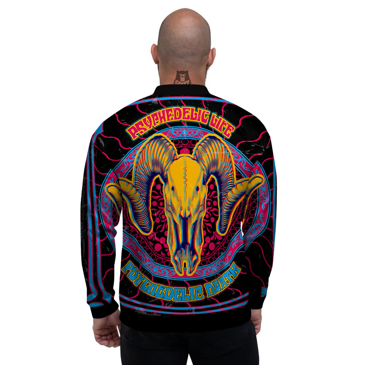 Psychedelic And Ram Skull Print Men's Bomber Jacket-grizzshop