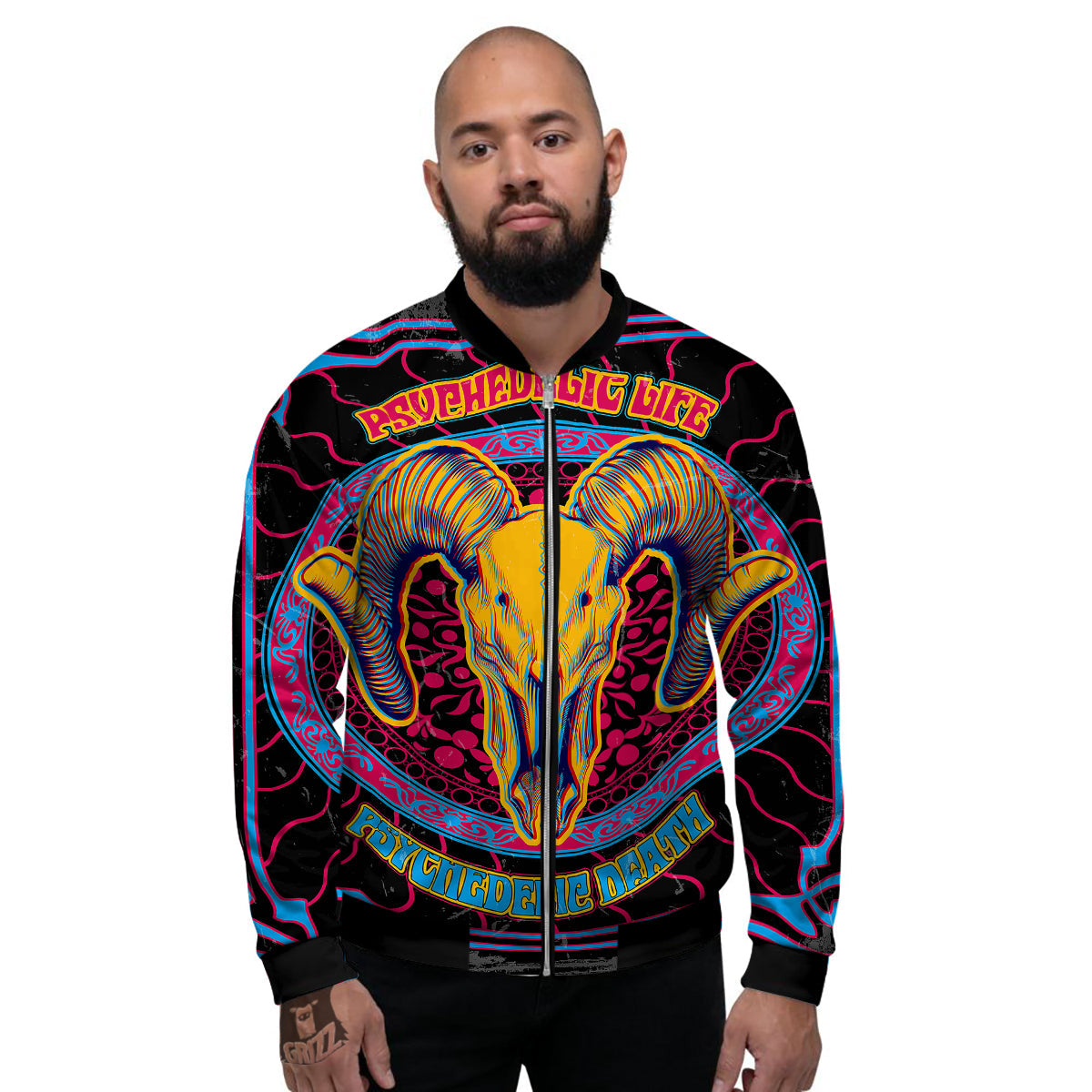 Psychedelic And Ram Skull Print Men's Bomber Jacket-grizzshop