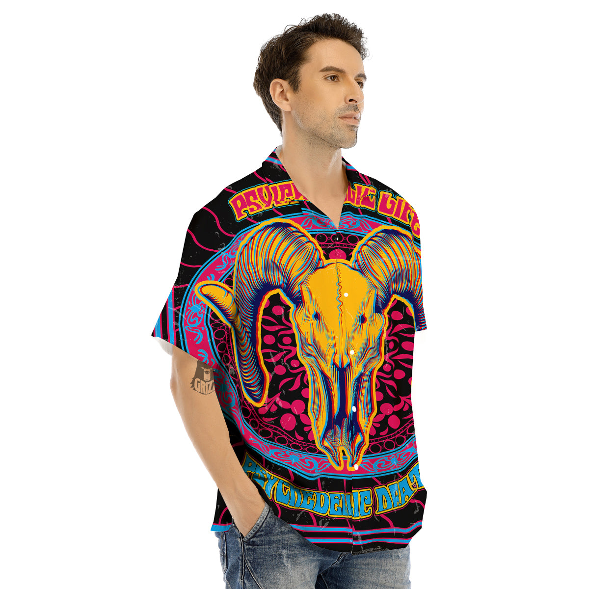 Psychedelic And Ram Skull Print Men's Hawaiian Shirt-grizzshop