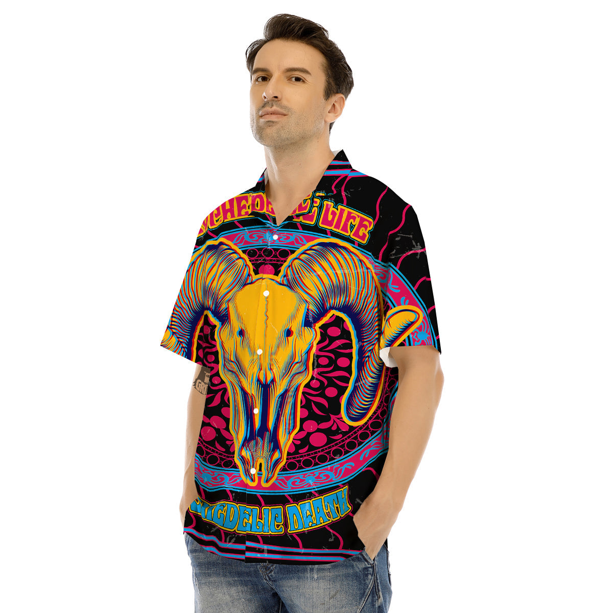 Psychedelic And Ram Skull Print Men's Hawaiian Shirt-grizzshop