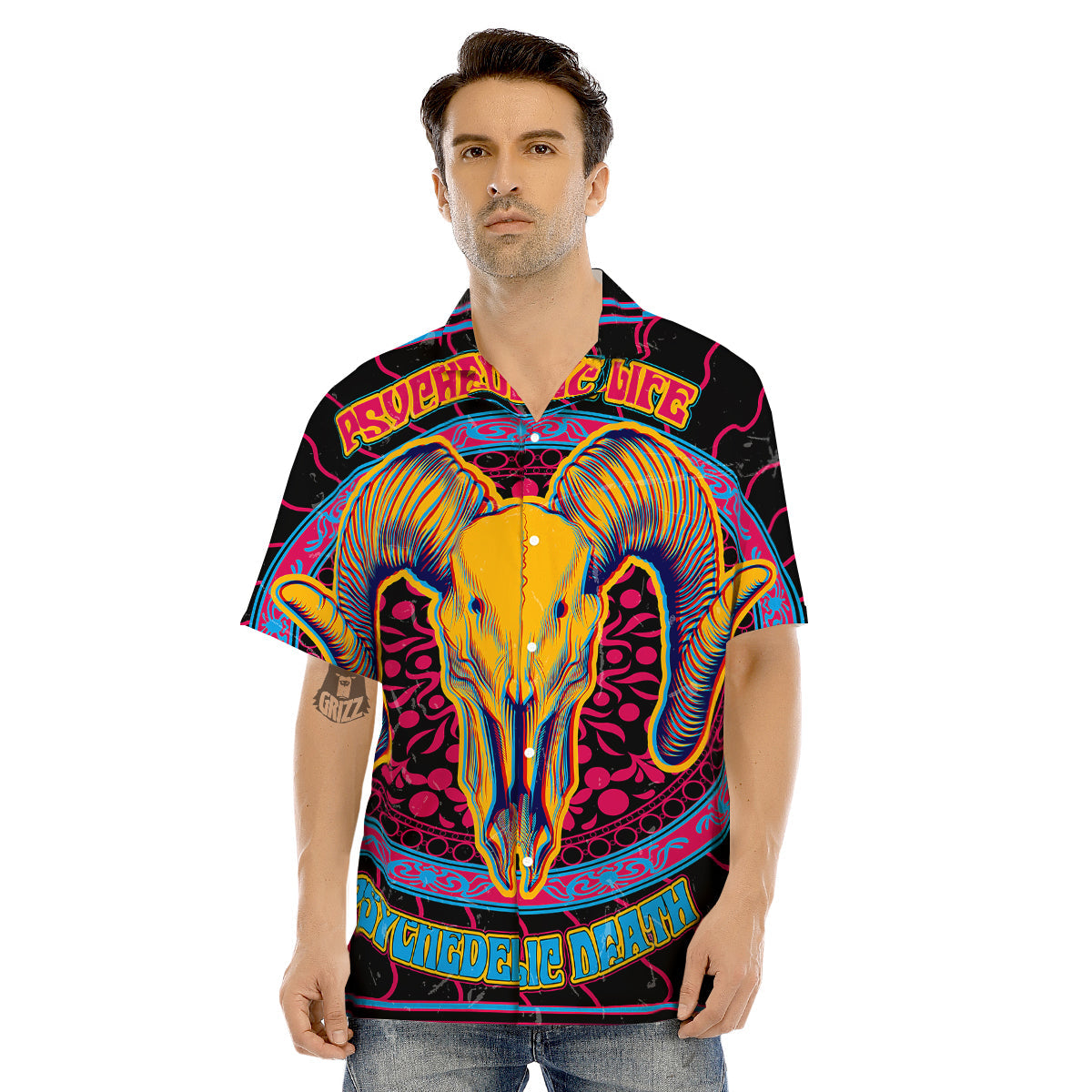 Psychedelic And Ram Skull Print Men's Hawaiian Shirt-grizzshop