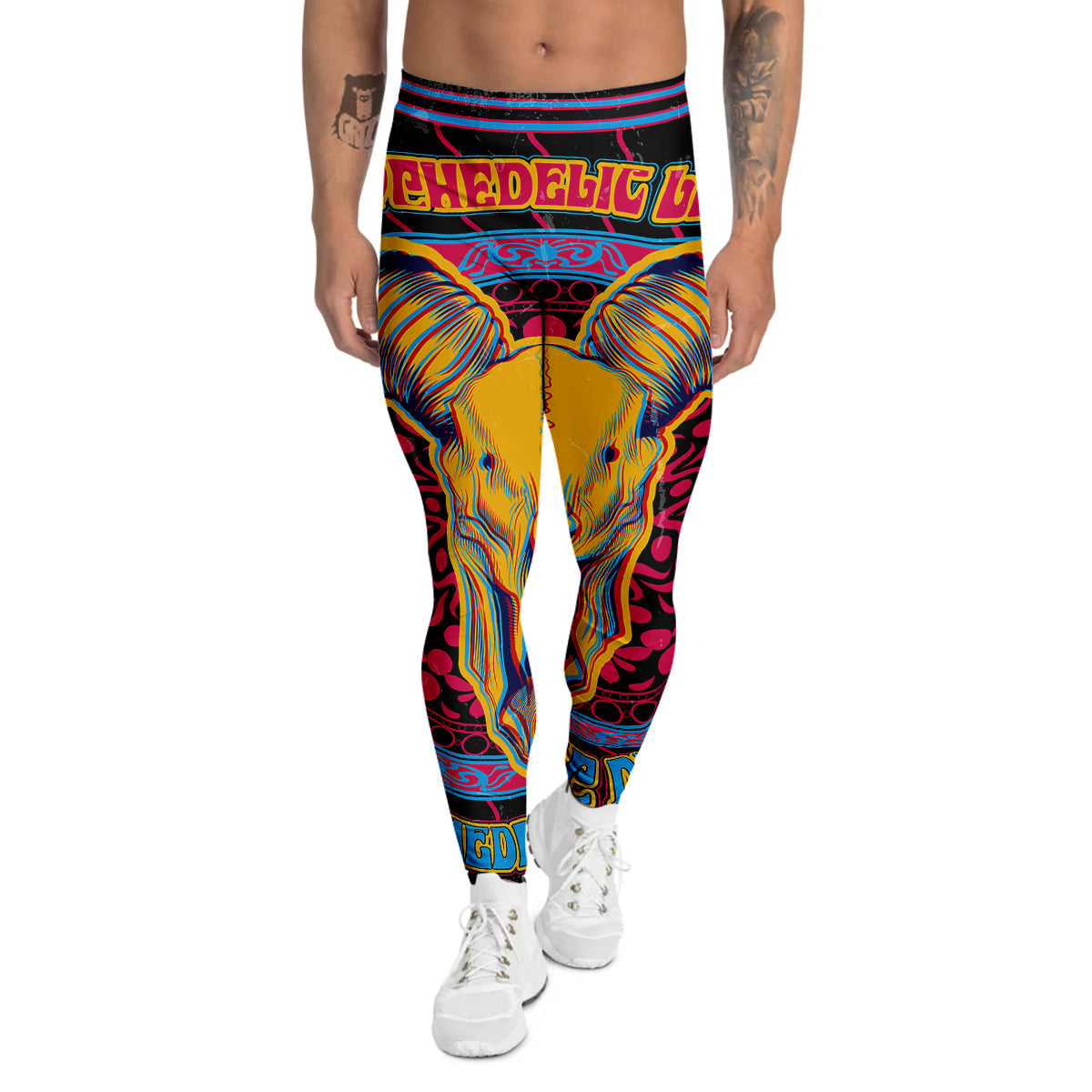 Psychedelic And Ram Skull Print Men's Leggings-grizzshop