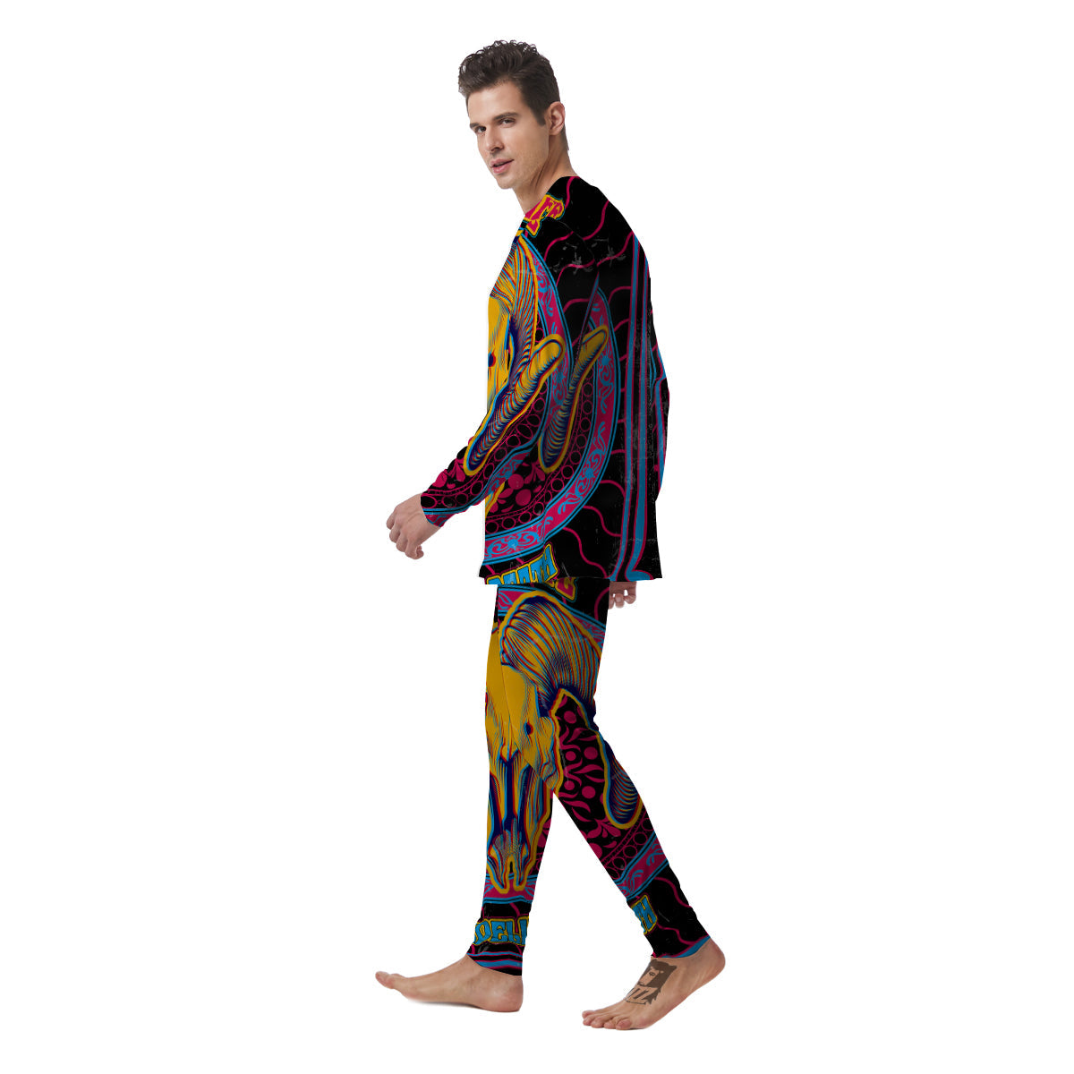 Psychedelic And Ram Skull Print Men's Pajamas-grizzshop