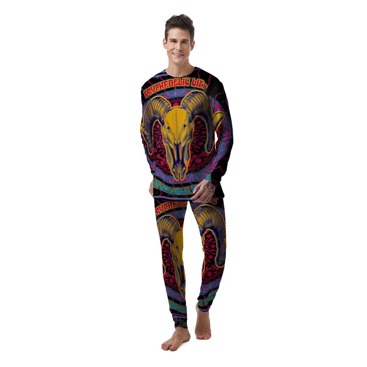 Psychedelic And Ram Skull Print Men's Pajamas-grizzshop