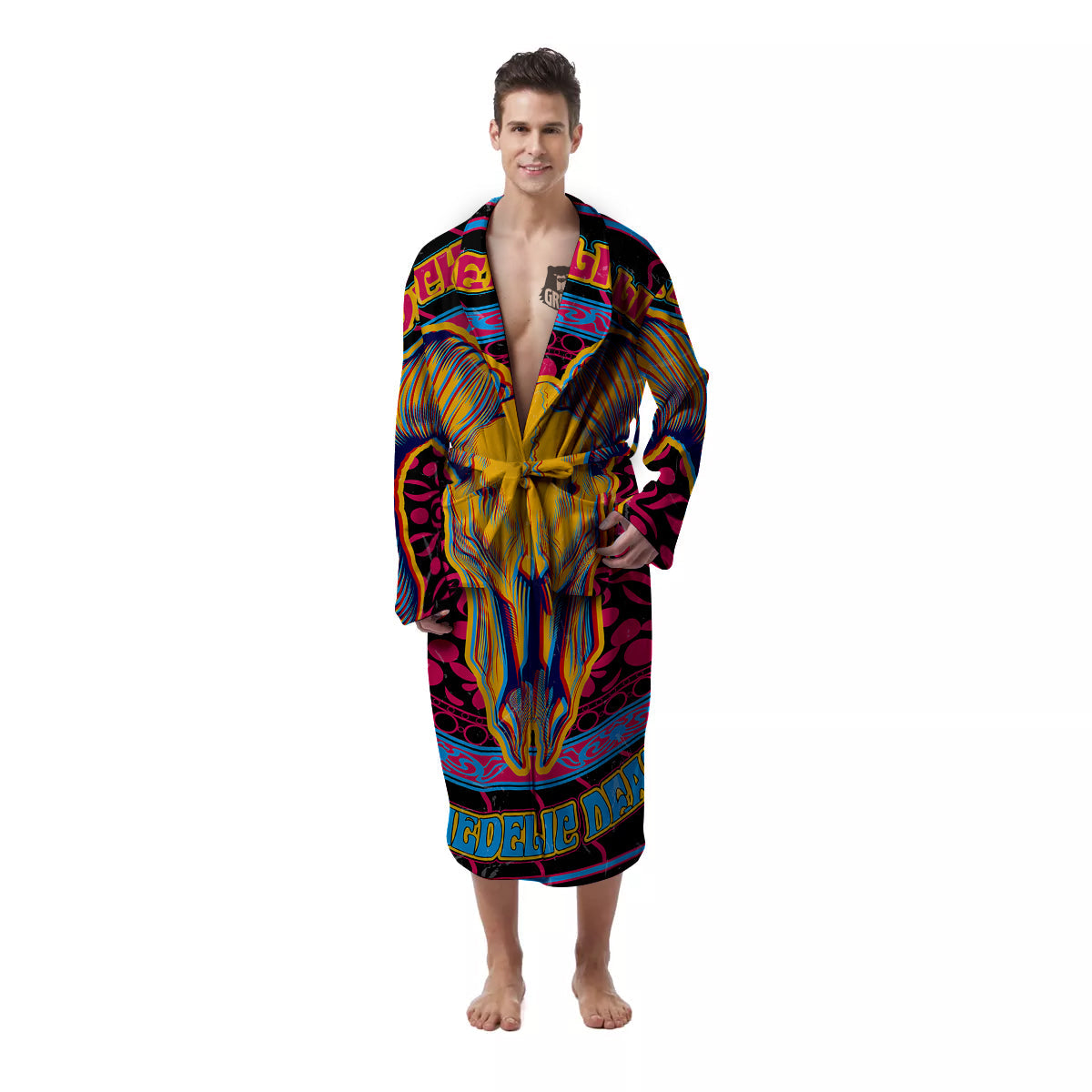 Psychedelic And Ram Skull Print Men's Robe-grizzshop
