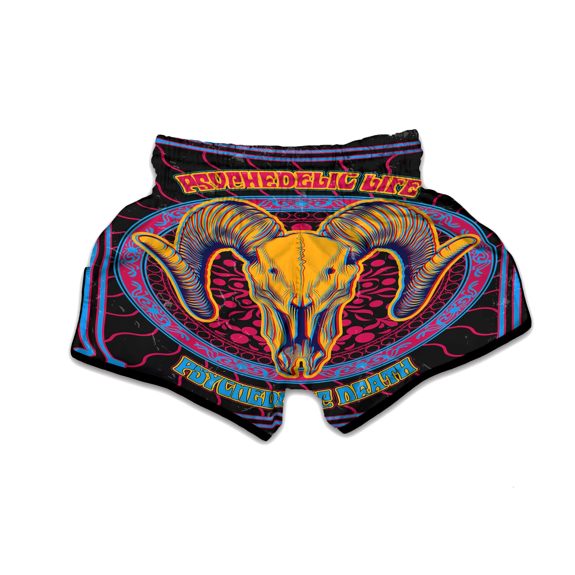 Psychedelic And Ram Skull Print Muay Thai Boxing Shorts-grizzshop