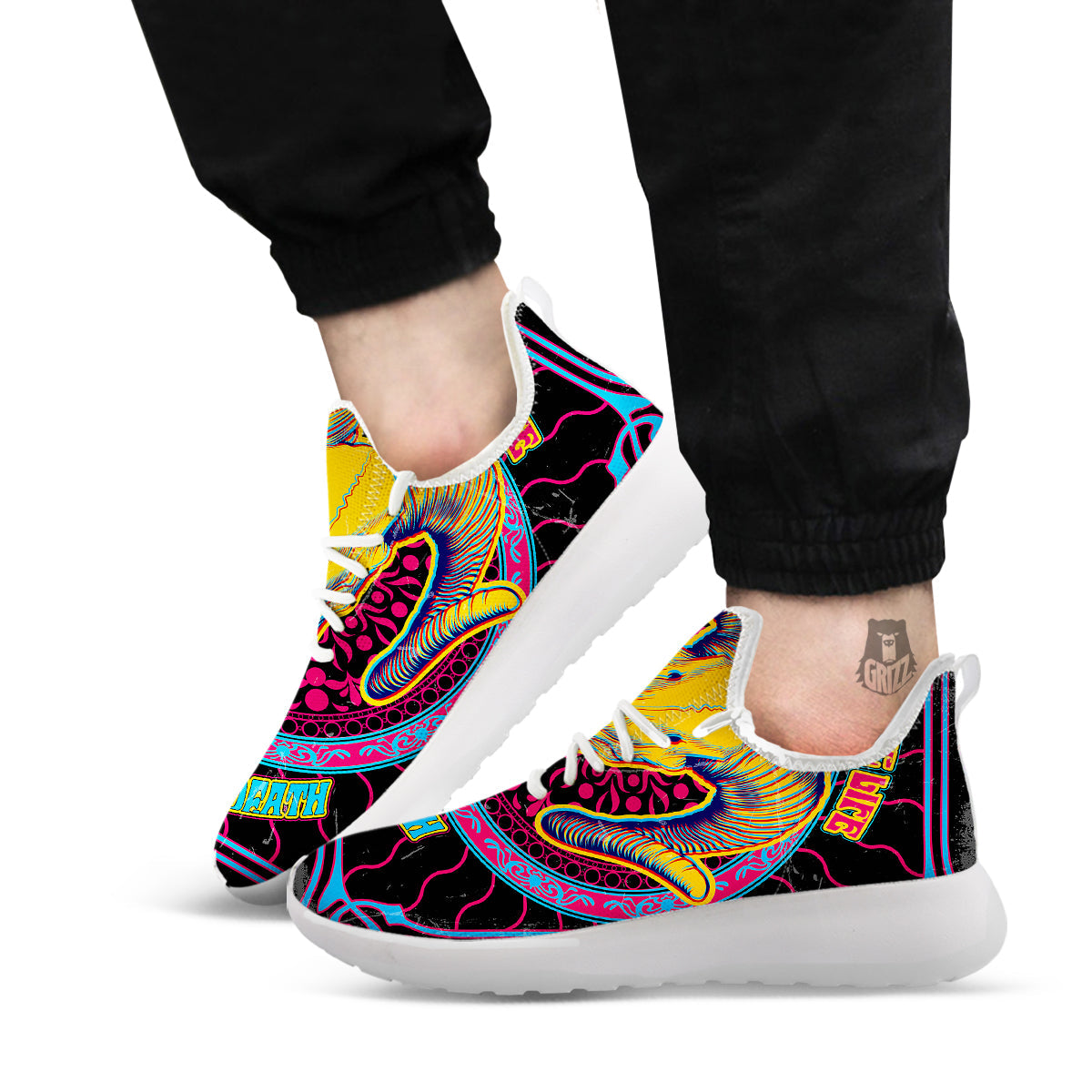 Psychedelic And Ram Skull Print White Athletic Shoes-grizzshop