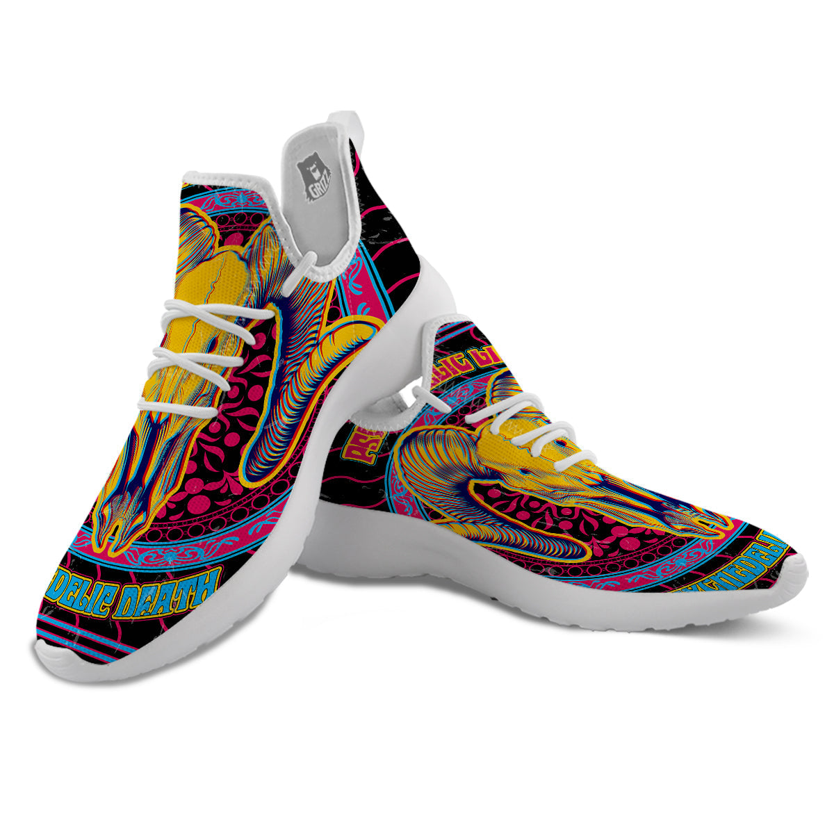 Psychedelic And Ram Skull Print White Athletic Shoes-grizzshop