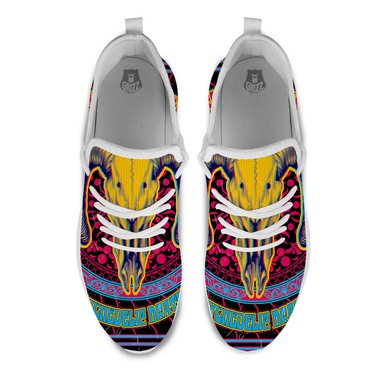 Psychedelic And Ram Skull Print White Athletic Shoes-grizzshop