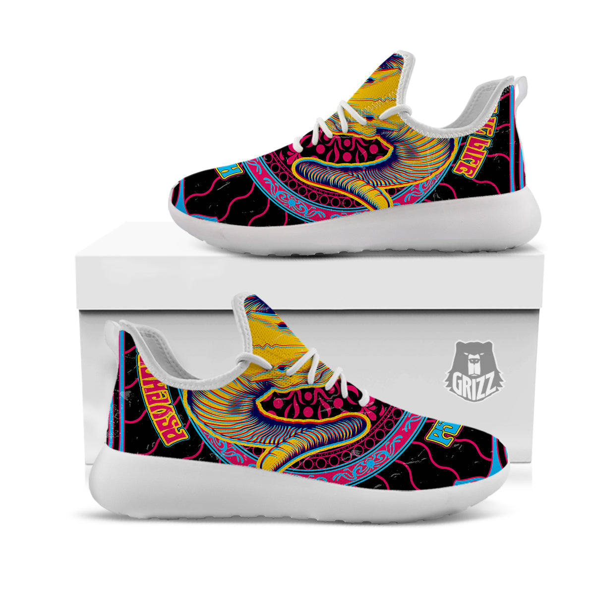 Psychedelic And Ram Skull Print White Athletic Shoes-grizzshop