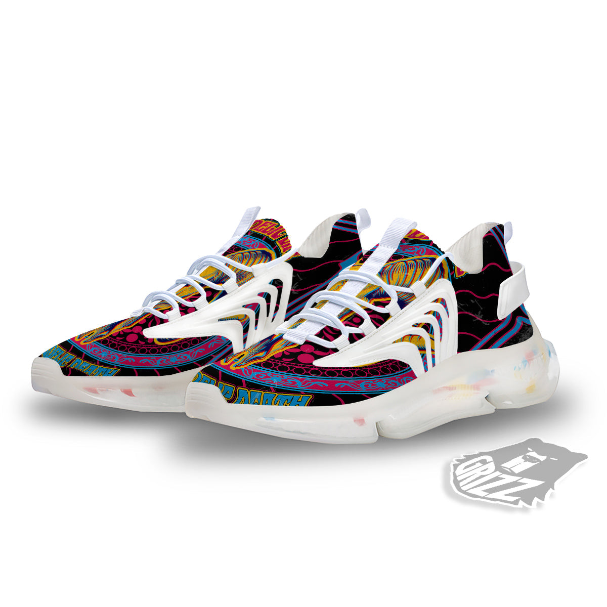Psychedelic And Ram Skull Print White Gym Shoes-grizzshop