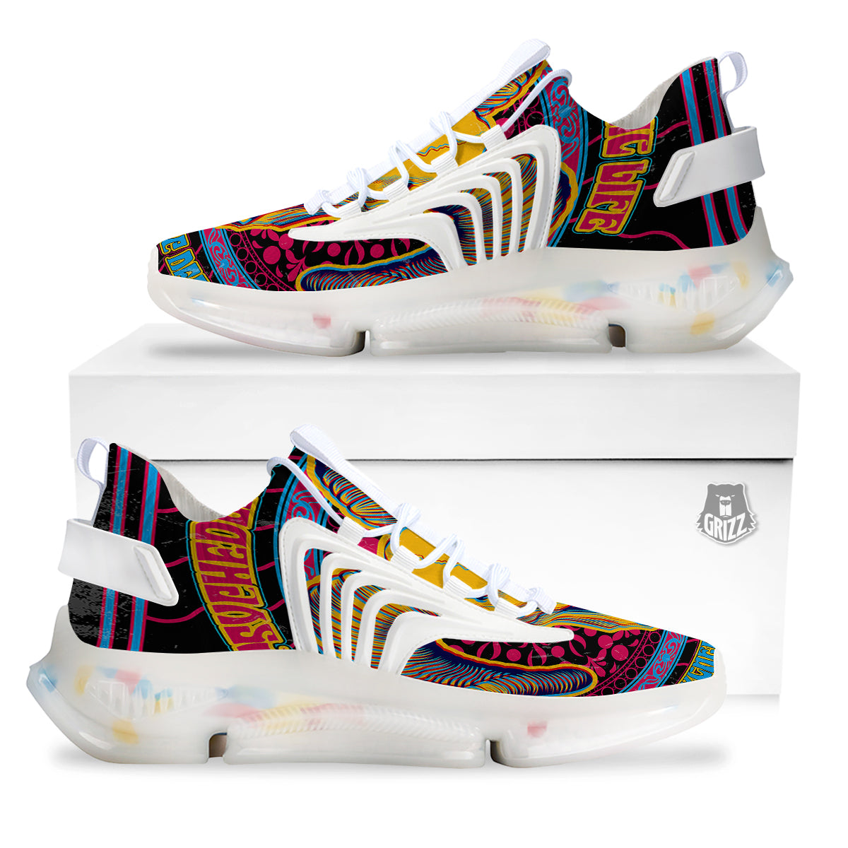 Psychedelic And Ram Skull Print White Gym Shoes-grizzshop