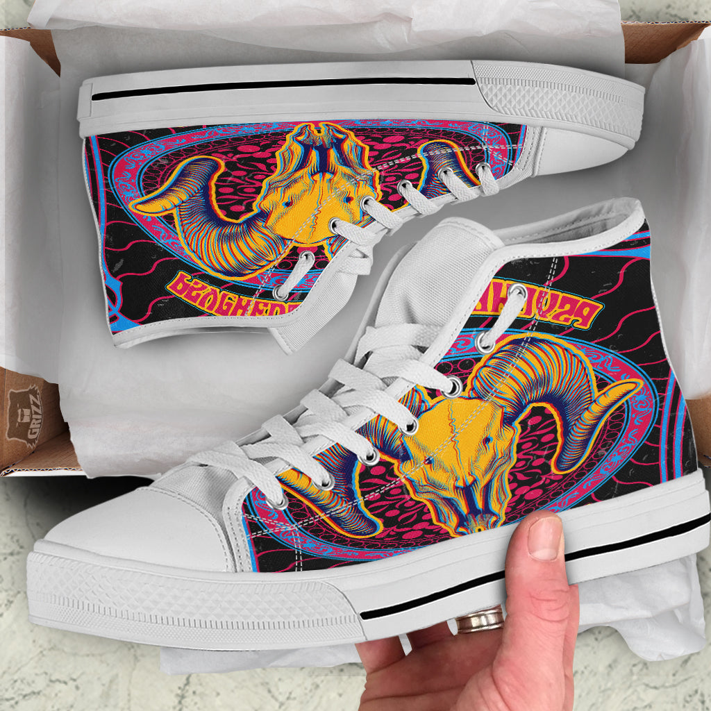 Psychedelic And Ram Skull Print White High Top Shoes-grizzshop