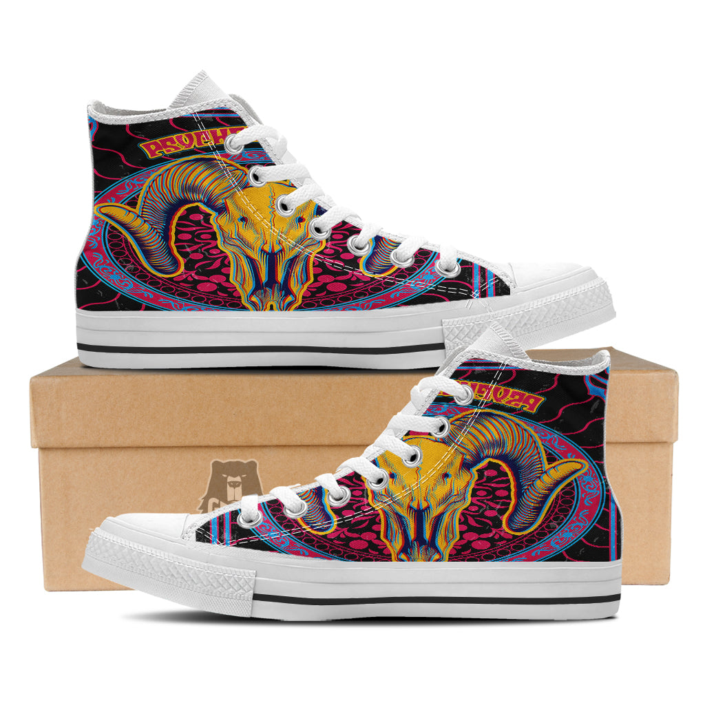 Psychedelic And Ram Skull Print White High Top Shoes-grizzshop