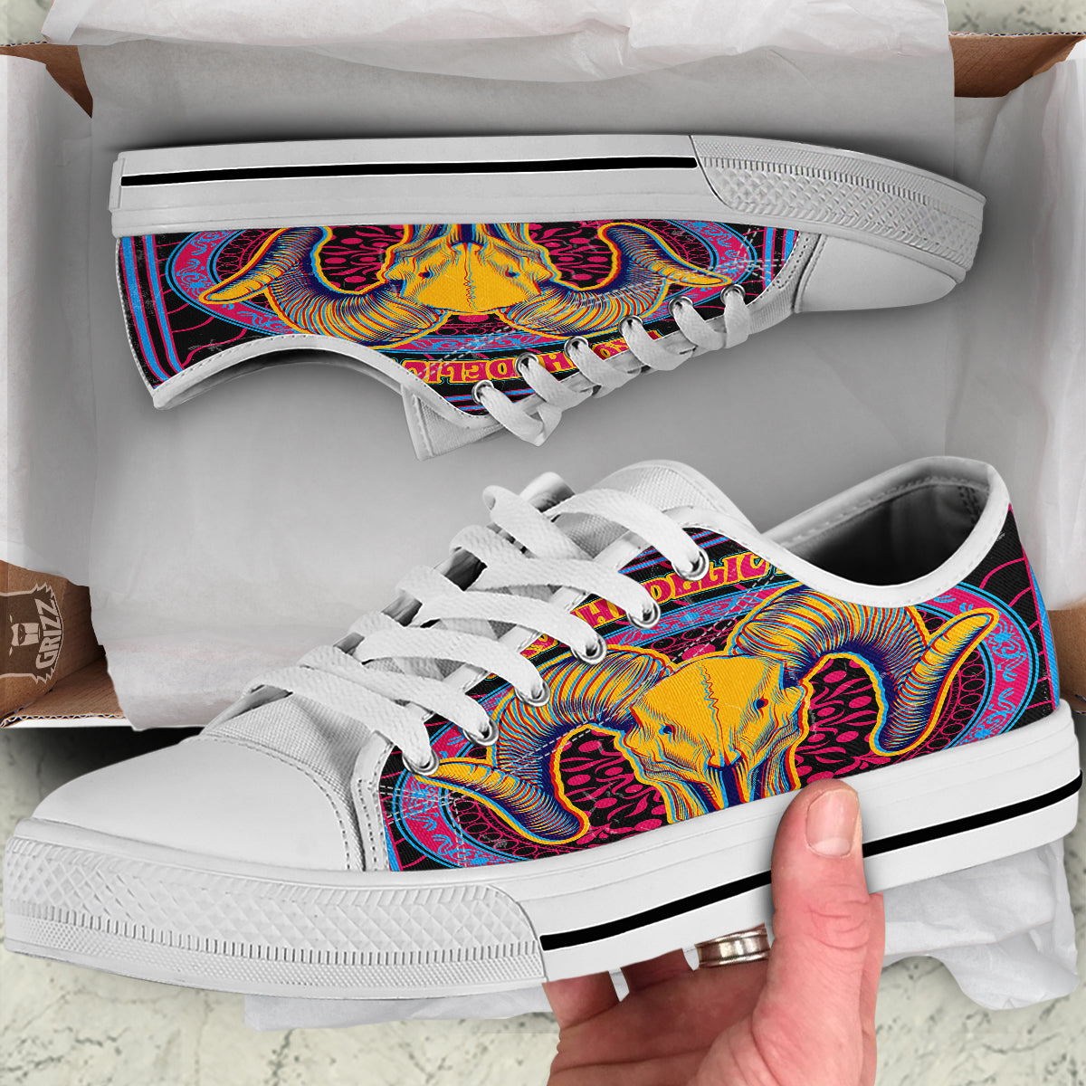Psychedelic And Ram Skull Print White Low Top Shoes-grizzshop