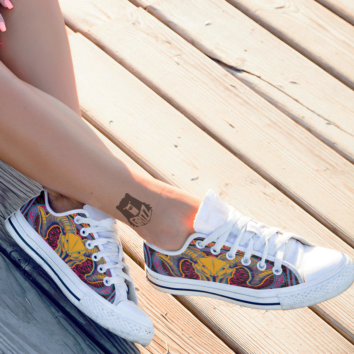 Psychedelic And Ram Skull Print White Low Top Shoes-grizzshop