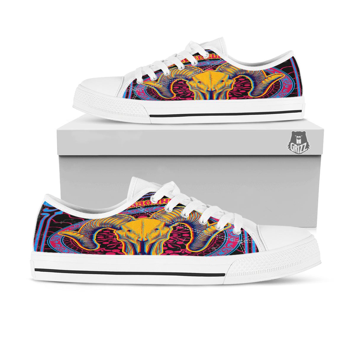 Psychedelic And Ram Skull Print White Low Top Shoes-grizzshop