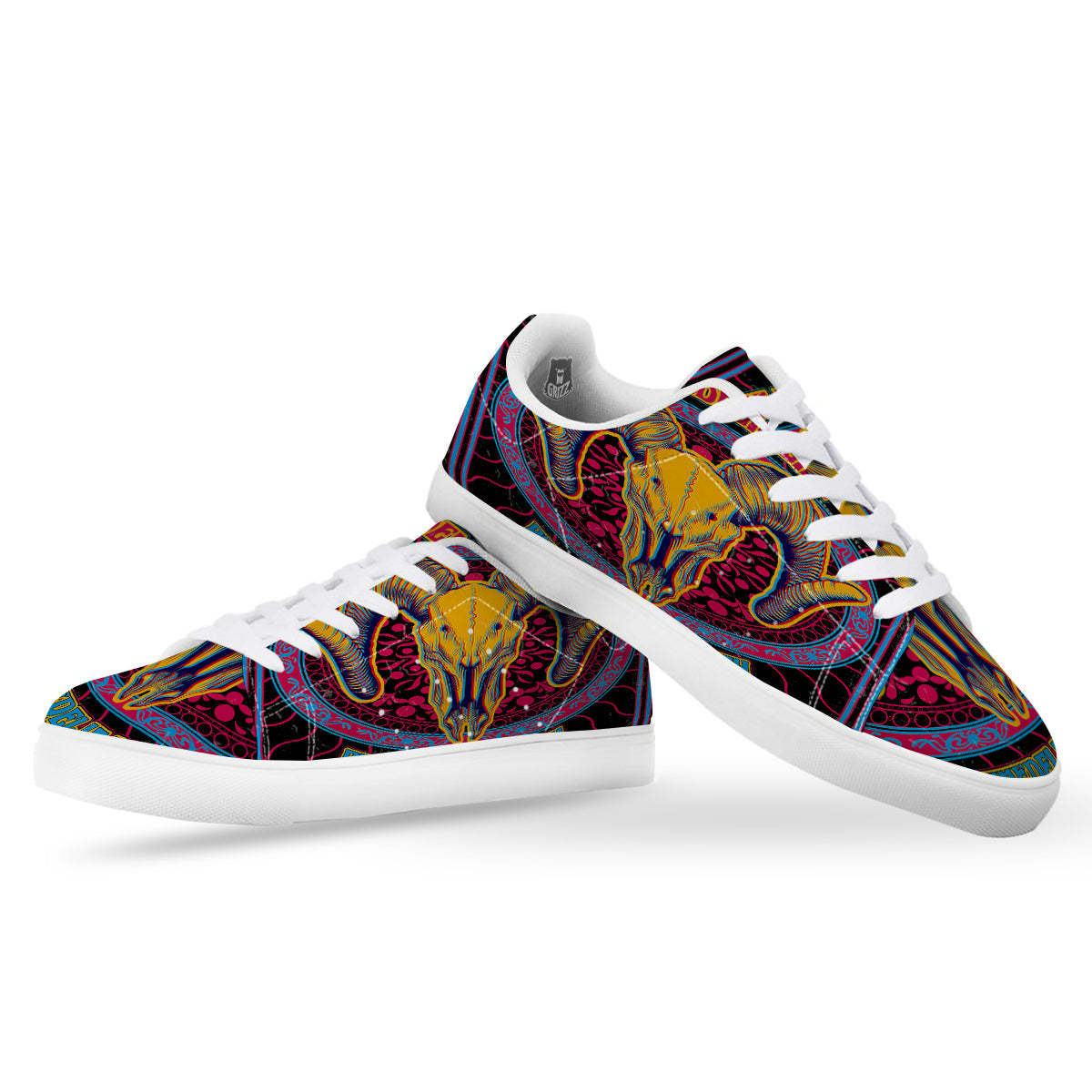 Psychedelic And Ram Skull Print White Low Top Sneakers-grizzshop