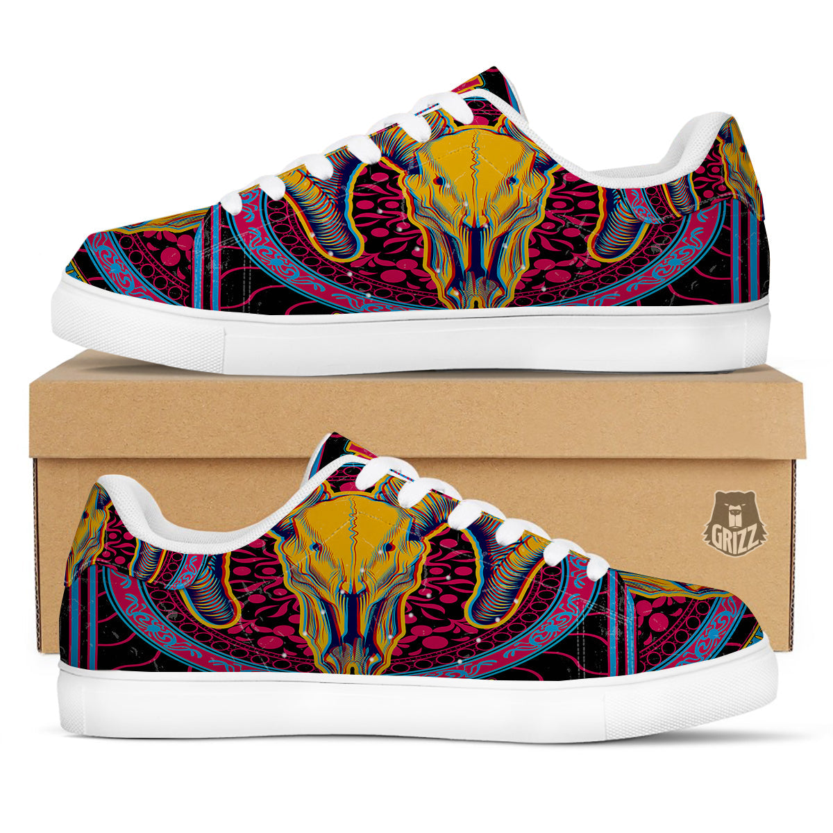 Psychedelic And Ram Skull Print White Low Top Sneakers-grizzshop