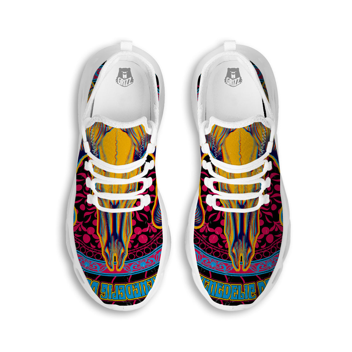 Psychedelic And Ram Skull Print White Running Shoes-grizzshop