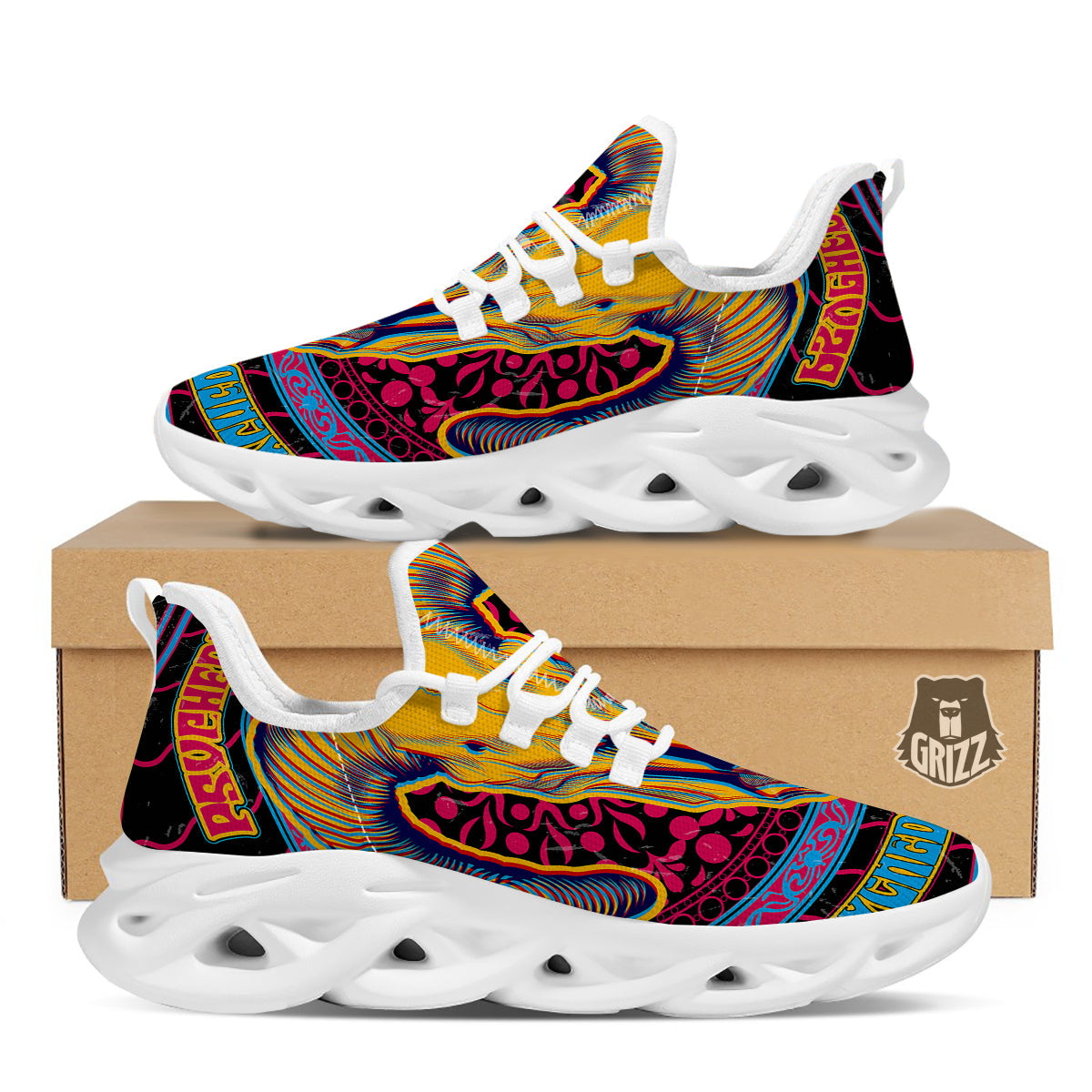 Psychedelic And Ram Skull Print White Running Shoes-grizzshop