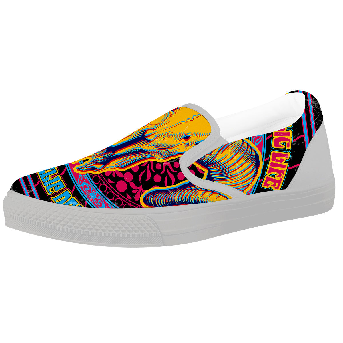 Psychedelic And Ram Skull Print White Slip On Shoes-grizzshop