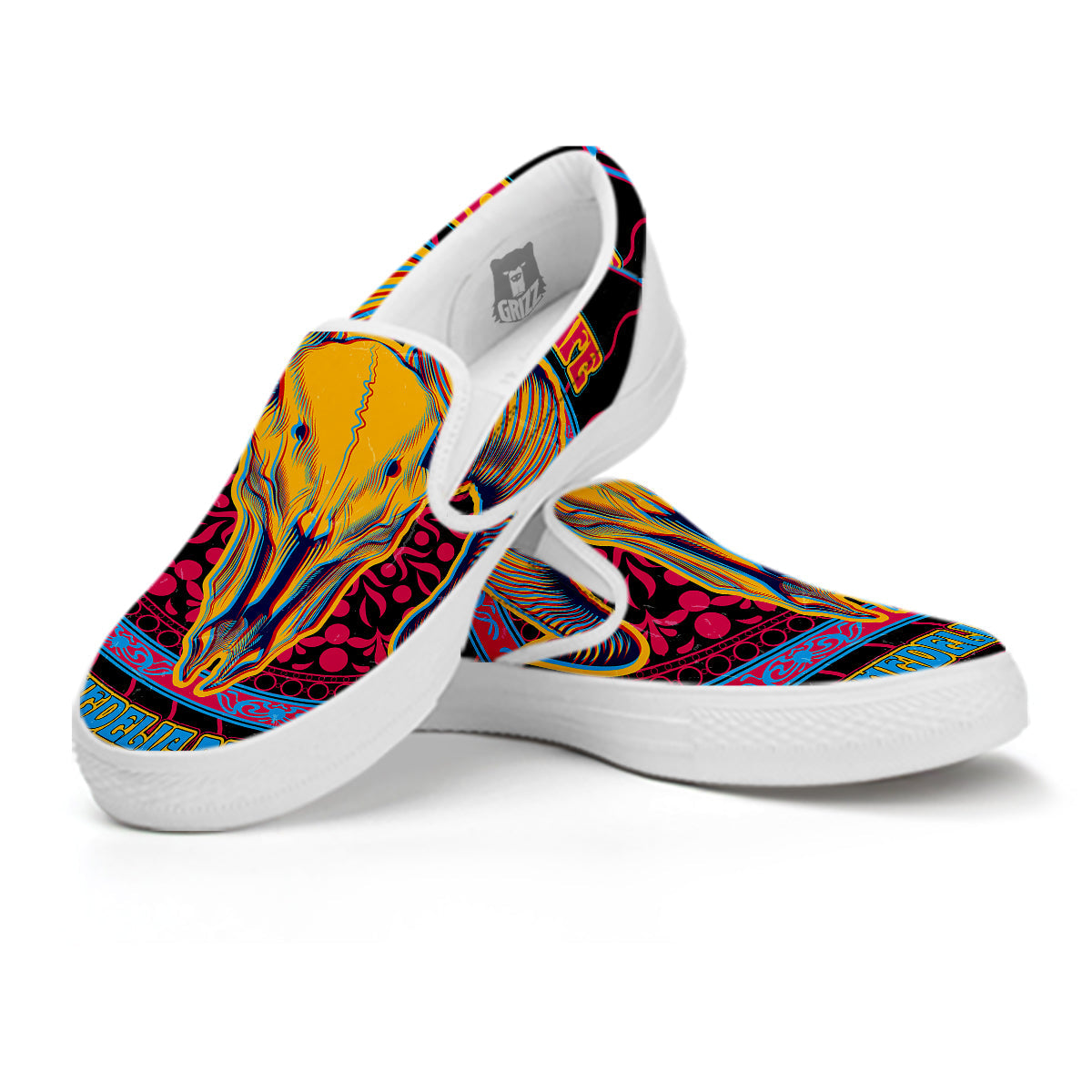 Psychedelic And Ram Skull Print White Slip On Shoes-grizzshop
