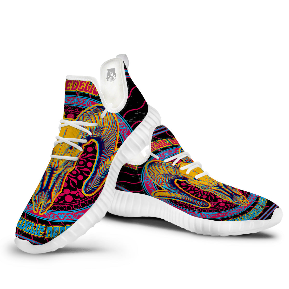Psychedelic And Ram Skull Print White Walking Shoes-grizzshop