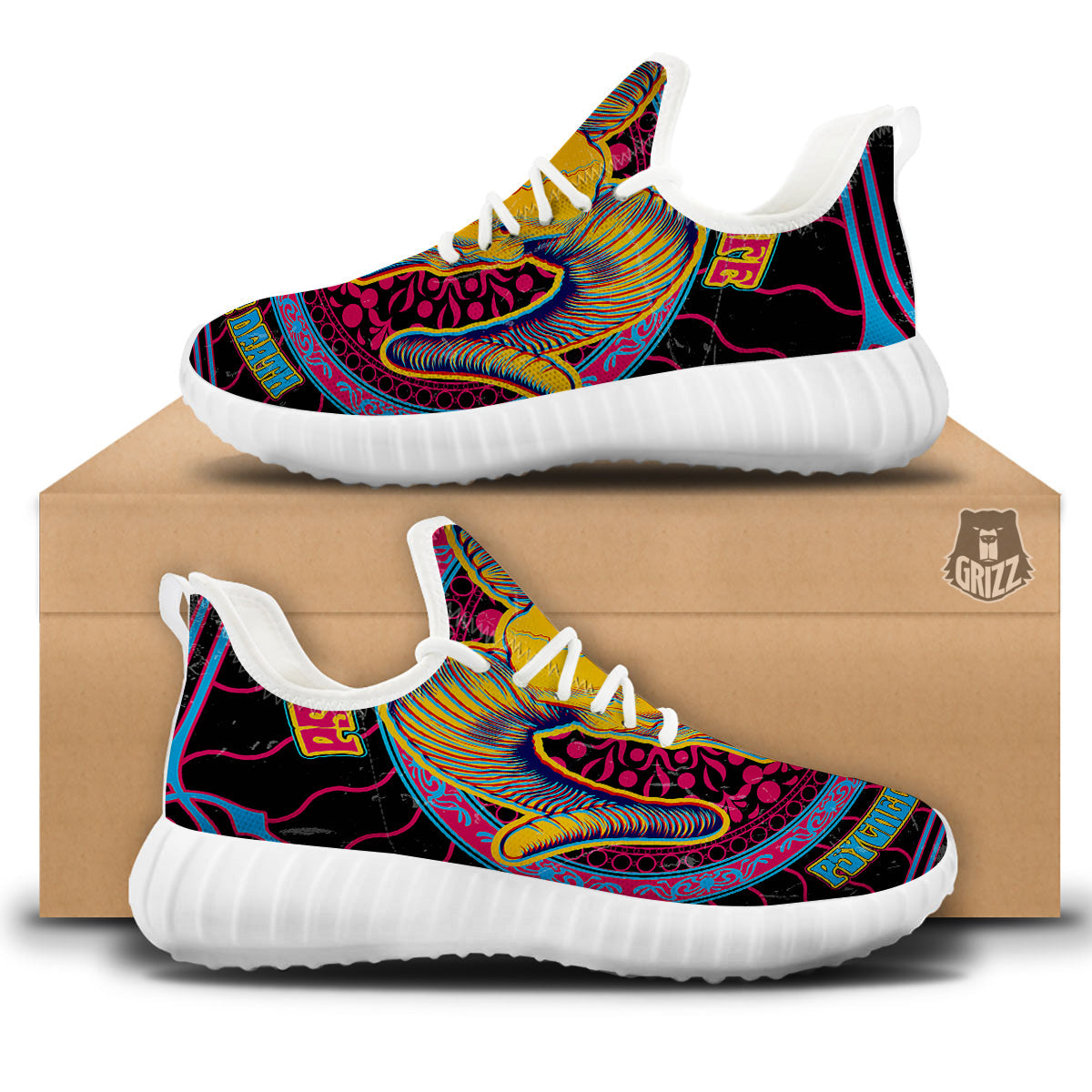 Psychedelic And Ram Skull Print White Walking Shoes-grizzshop