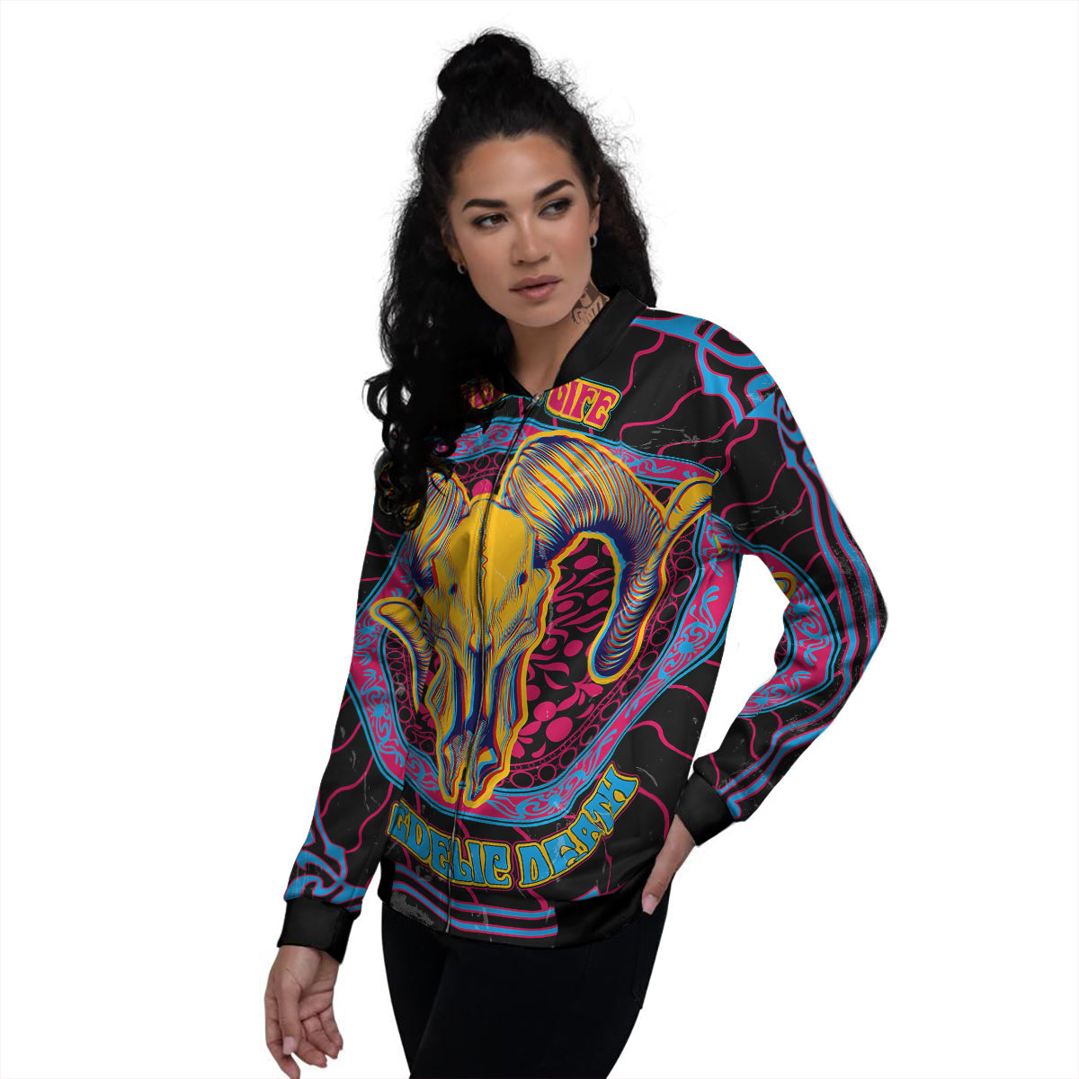 Psychedelic And Ram Skull Print Women's Bomber Jacket-grizzshop
