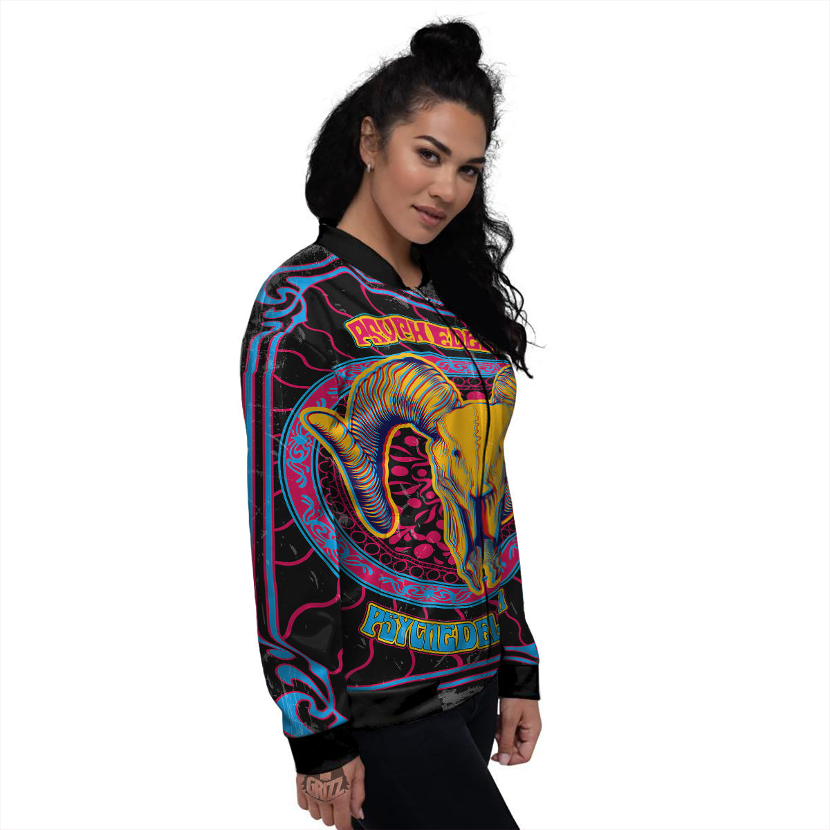 Psychedelic And Ram Skull Print Women's Bomber Jacket-grizzshop