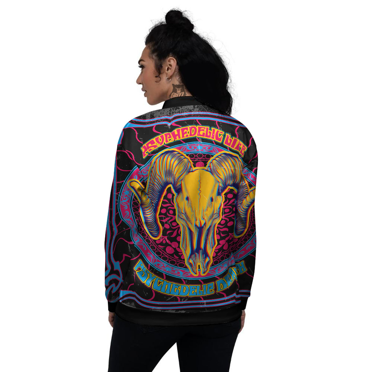 Psychedelic And Ram Skull Print Women's Bomber Jacket-grizzshop
