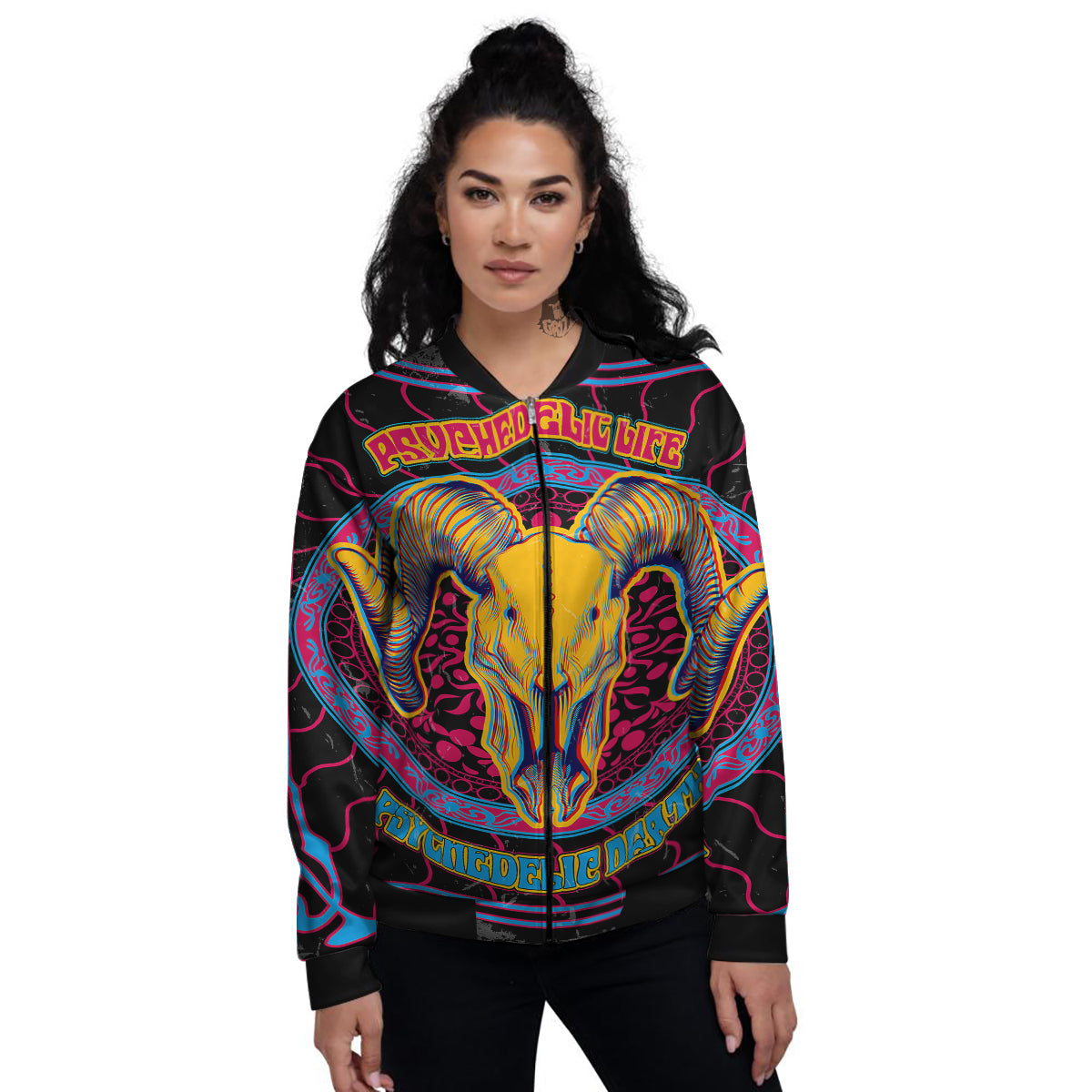 Psychedelic And Ram Skull Print Women's Bomber Jacket-grizzshop