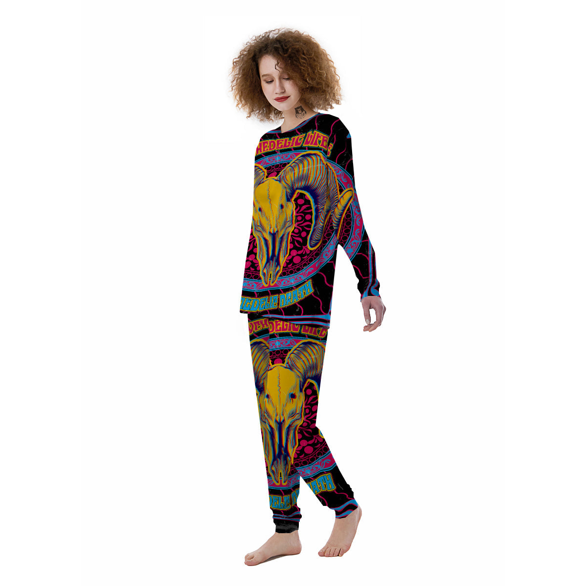 Psychedelic And Ram Skull Print Women's Pajamas-grizzshop
