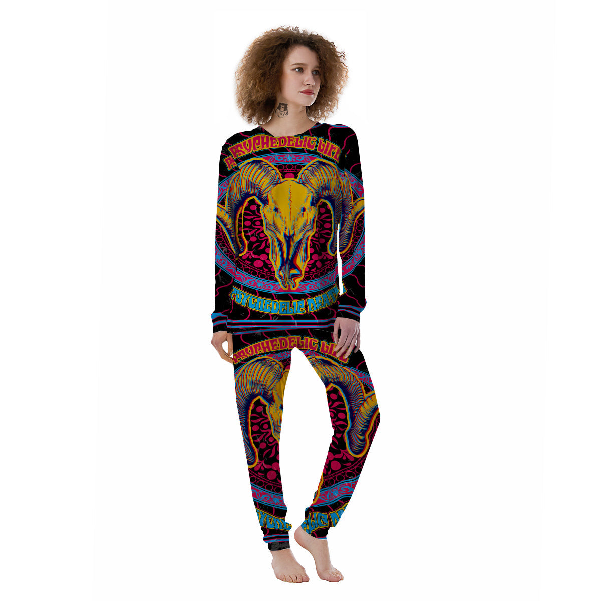 Psychedelic And Ram Skull Print Women's Pajamas-grizzshop