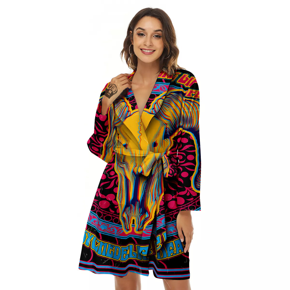 Psychedelic And Ram Skull Print Women's Robe-grizzshop