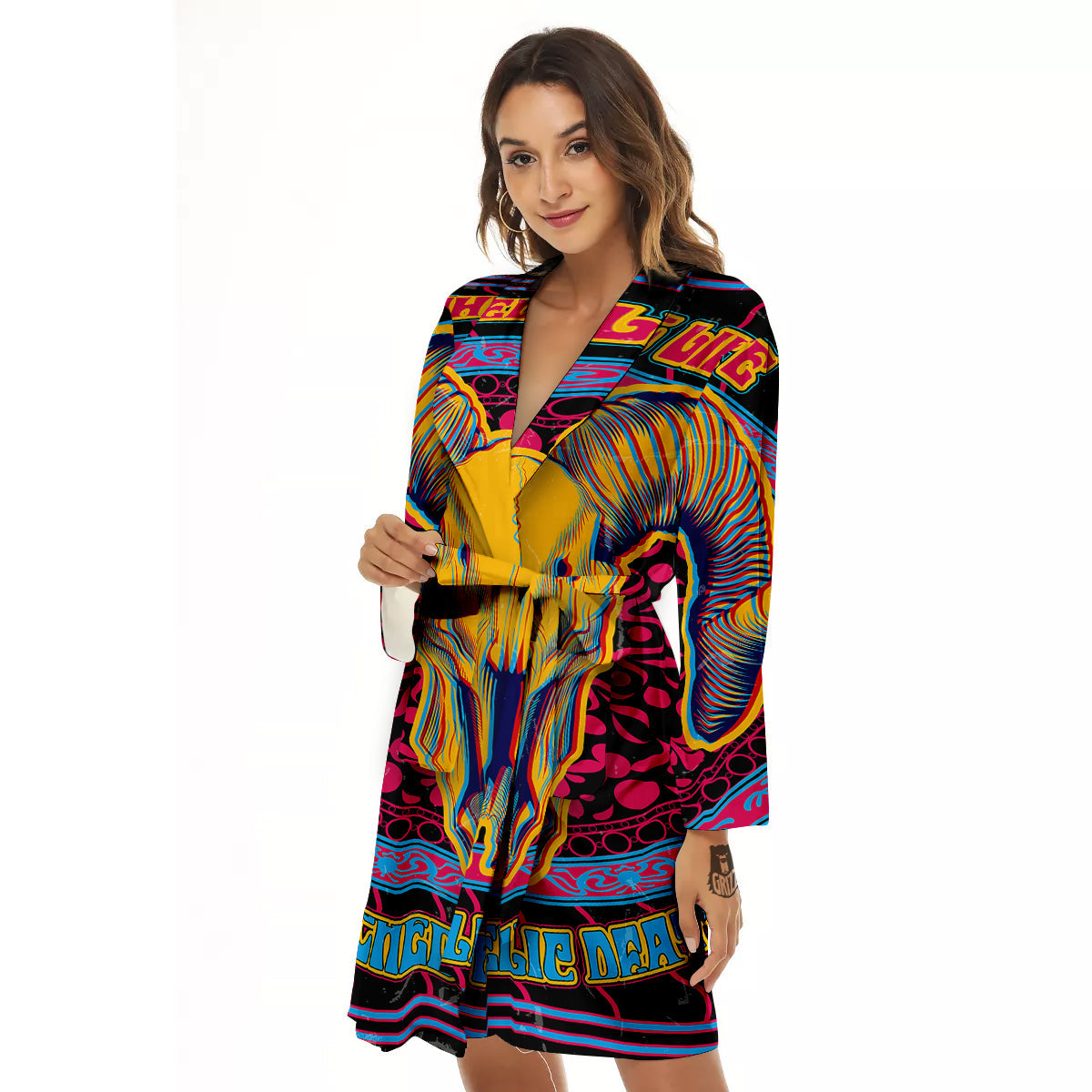 Psychedelic And Ram Skull Print Women's Robe-grizzshop