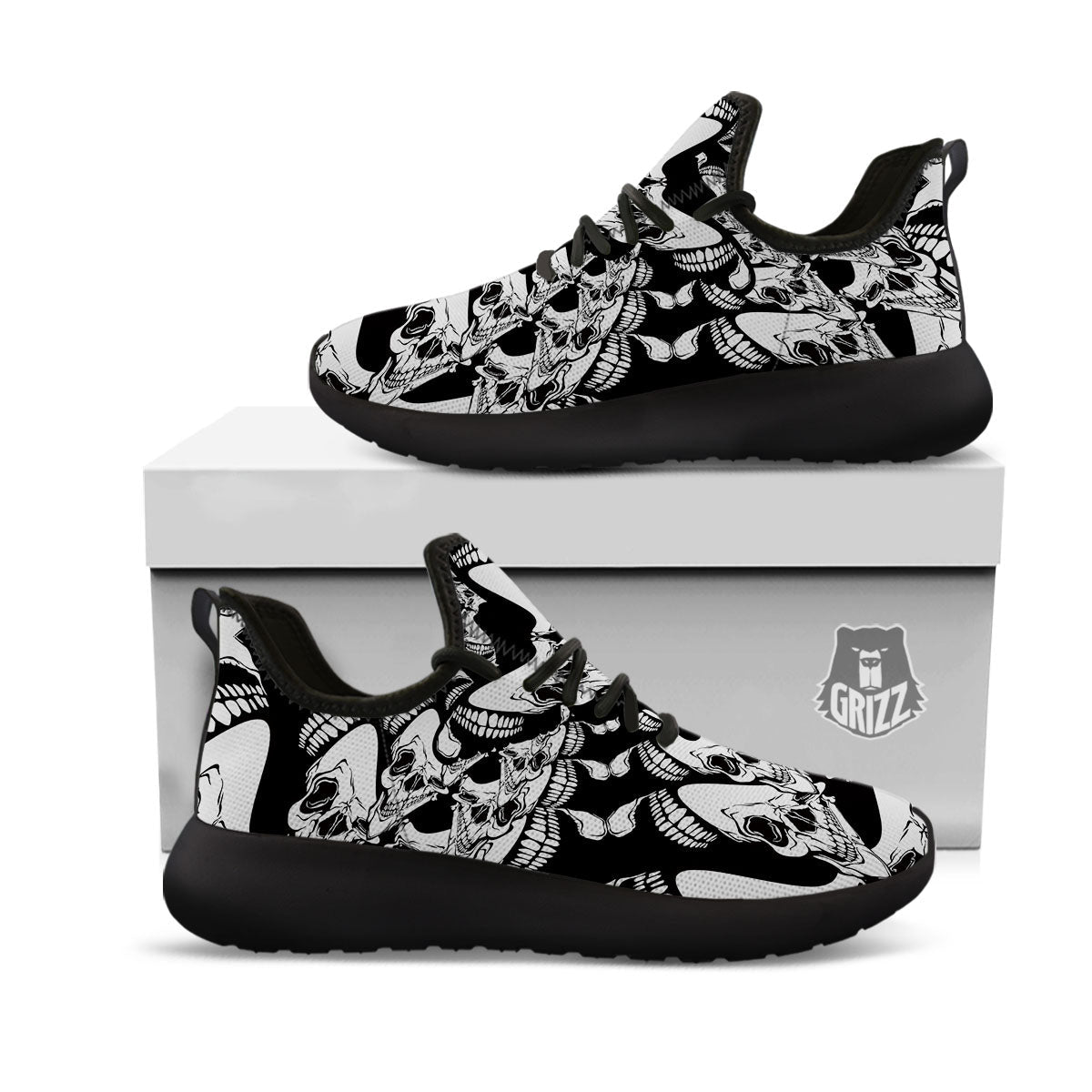 Psychedelic Black And White Skull Print Black Athletic Shoes-grizzshop