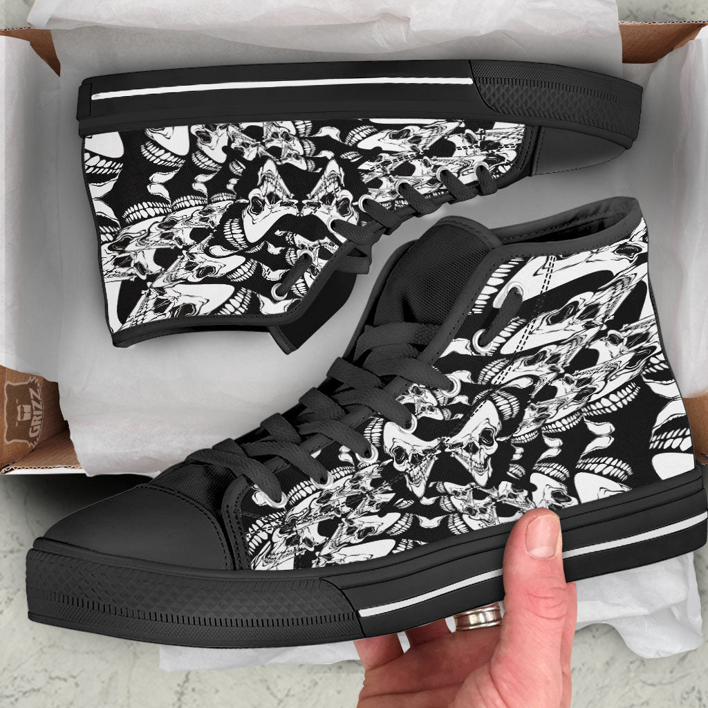 Psychedelic Black And White Skull Print Black High Top Shoes-grizzshop
