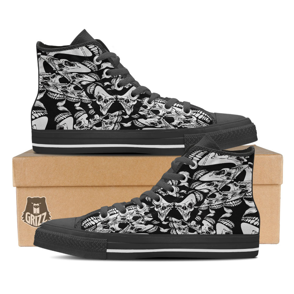 Psychedelic Black And White Skull Print Black High Top Shoes-grizzshop