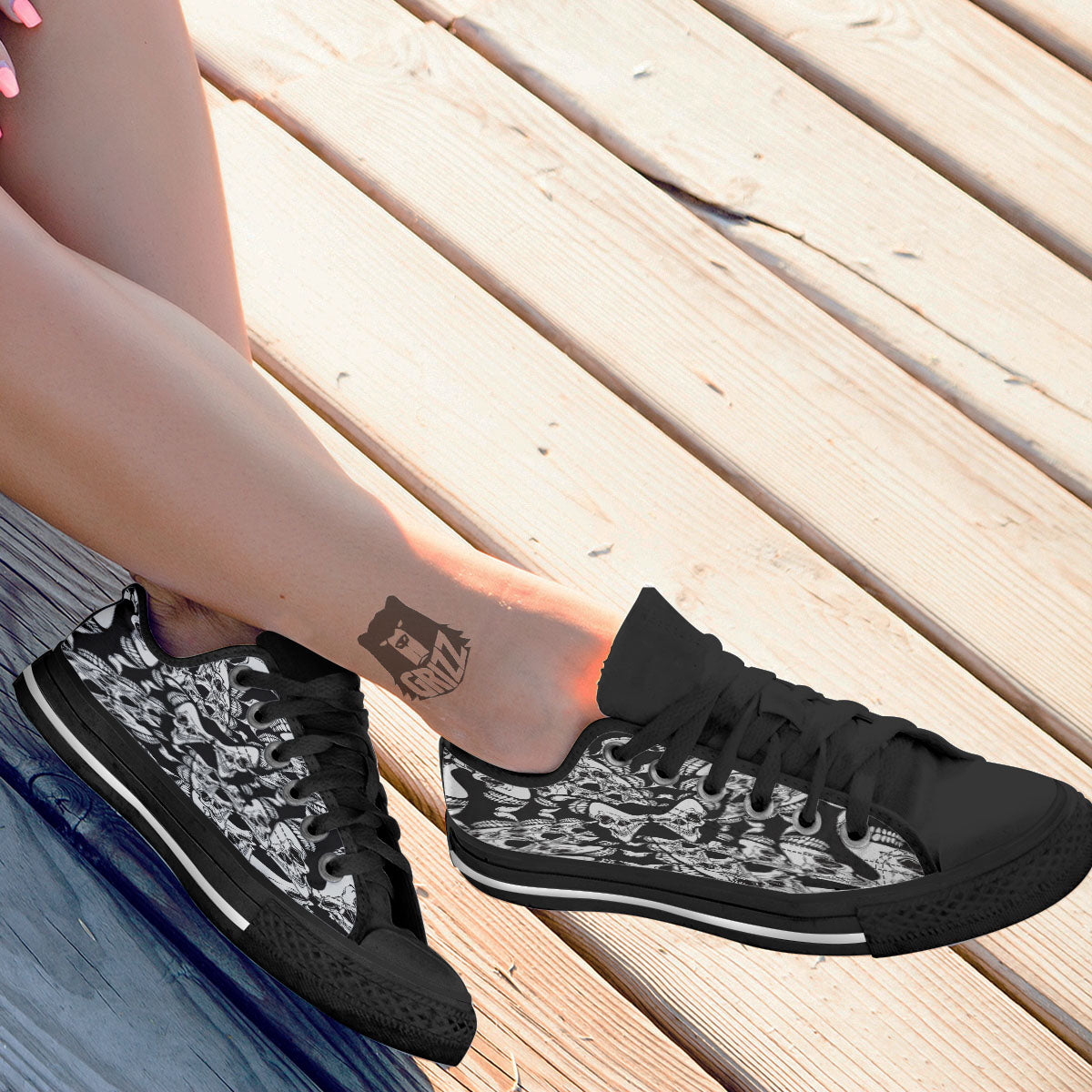Psychedelic Black And White Skull Print Black Low Top Shoes-grizzshop