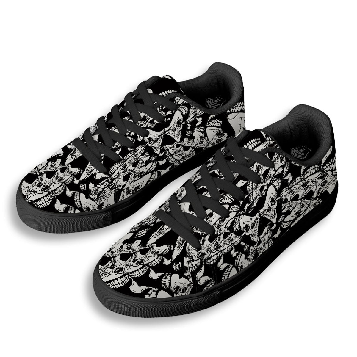 Psychedelic Black And White Skull Print Black Low Top Sneakers-grizzshop